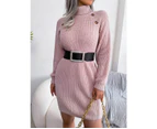 Women's Button High Collar Long Lantern Sleeve Sweater Dress Fall Winter Casual Ribbed Knit Pullover Dresses-ArmyGreen