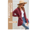 Women's Cardigan Solid Color Fashion Knitted Cardigan Loose Fit Long Sleeve Cozy Casual Versatile Sweater-Claret