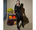 Women's Sexy Slit Dress Long Sleeve Low Neck Waist Pleated Slim Dress Split Bubble Long Sleeve Dress-black