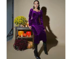 Women's Sexy Slit Dress Long Sleeve Low Neck Waist Pleated Slim Dress Split Bubble Long Sleeve Dress-Purple