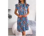 Women's Workwear Pleated Mini Dress Bow Tie Business Casual Office Dress Ruffle Sleeveless Floral A-Line Summer Dresses-Royal blue