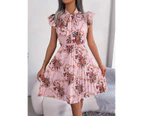 Women's Workwear Pleated Mini Dress Bow Tie Business Casual Office Dress Ruffle Sleeveless Floral A-Line Summer Dresses-Pink