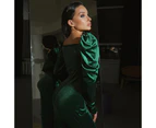 Women's Sexy Slit Dress Long Sleeve Low Neck Waist Pleated Slim Dress Split Bubble Long Sleeve Dress-green