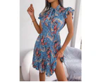 Women's Workwear Pleated Mini Dress Bow Tie Business Casual Office Dress Ruffle Sleeveless Floral A-Line Summer Dresses-green