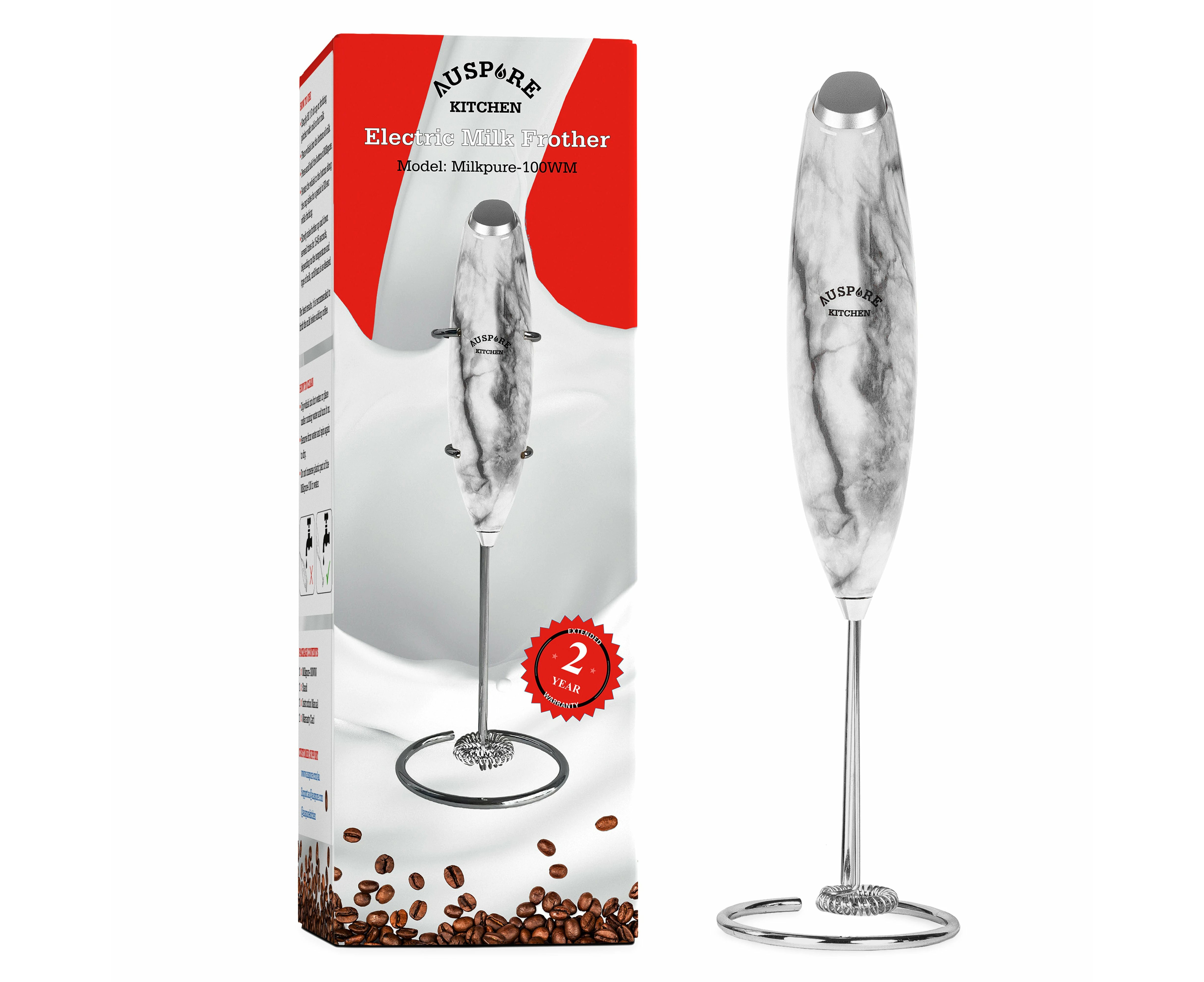 Auspure Milk Frother Handheld, Battery-Operated, White Marble Milkpure-100WM