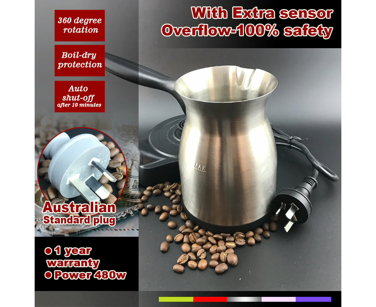 Electric Turkish Greek Arabic Coffee Maker Pot Automatic Sensor Anti Overflow 220ml - Stainless steel