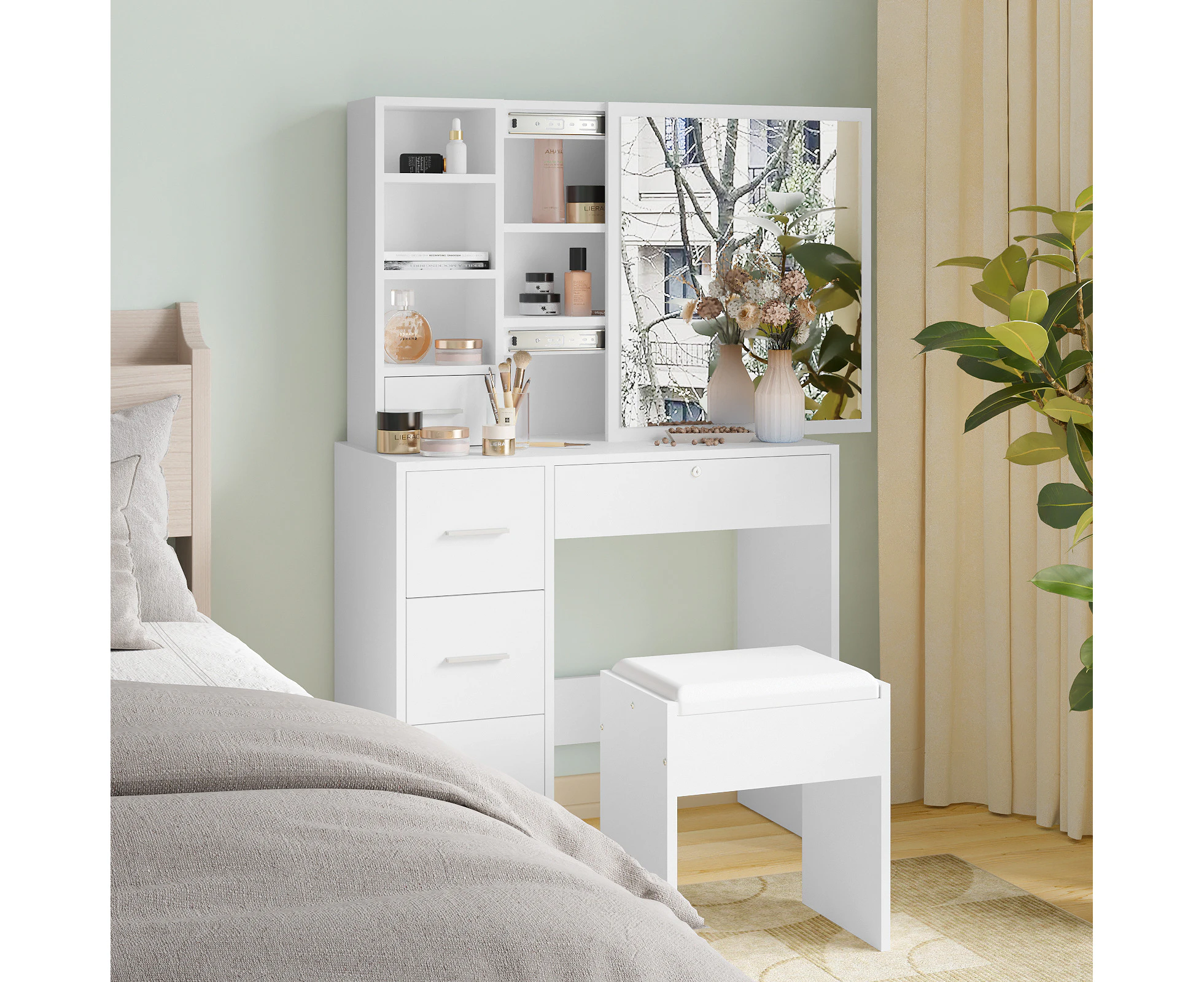 Advwin Dressing Table Stool Set Makeup Dresser with Slide Mirror and Hiden Storage Vanity Desk White