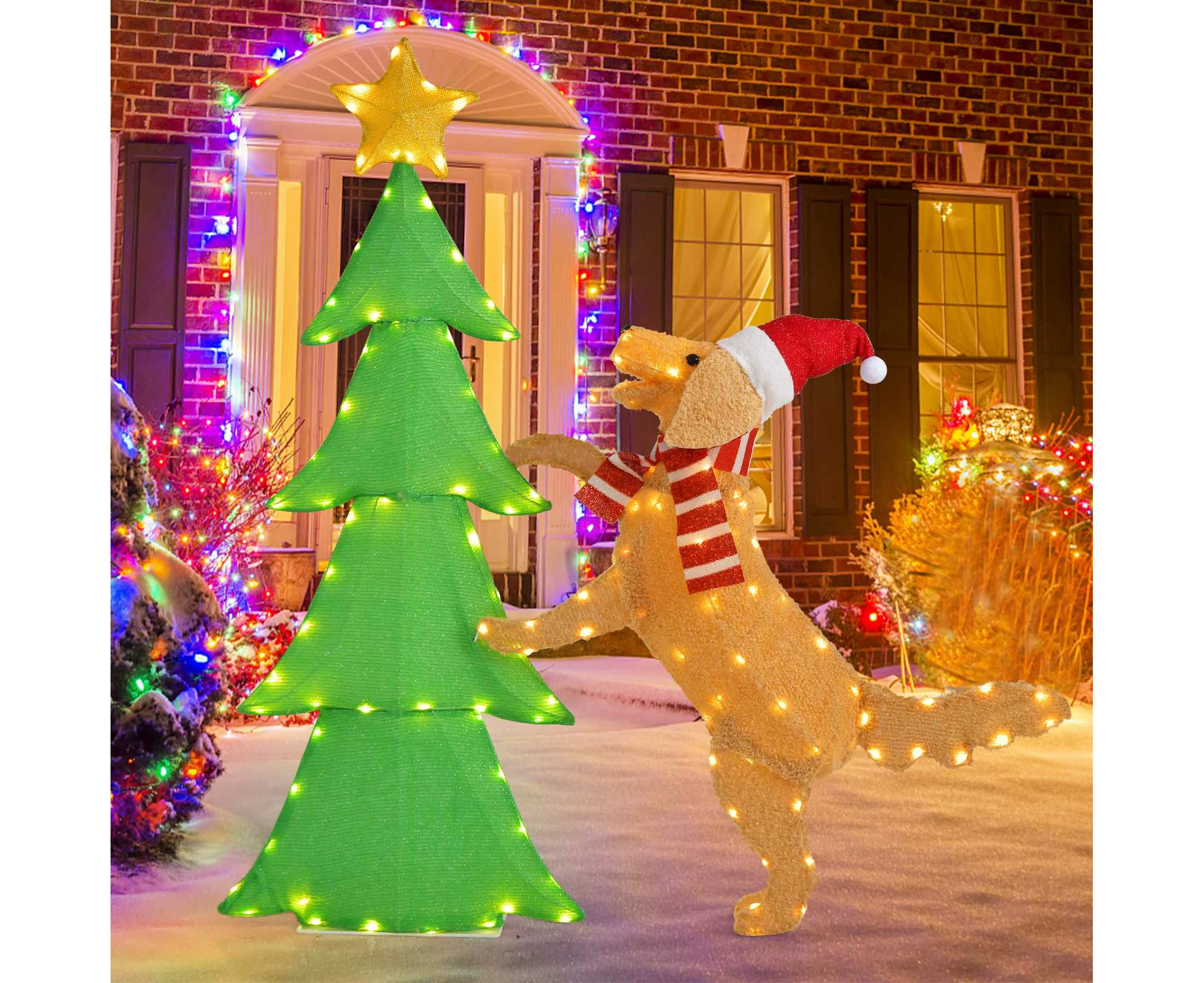 Costway 140cm Christmas Tree Lighted Decoration Tinsel Xmas Tree w/Golden Doodle Dog Indoor&Outdoor