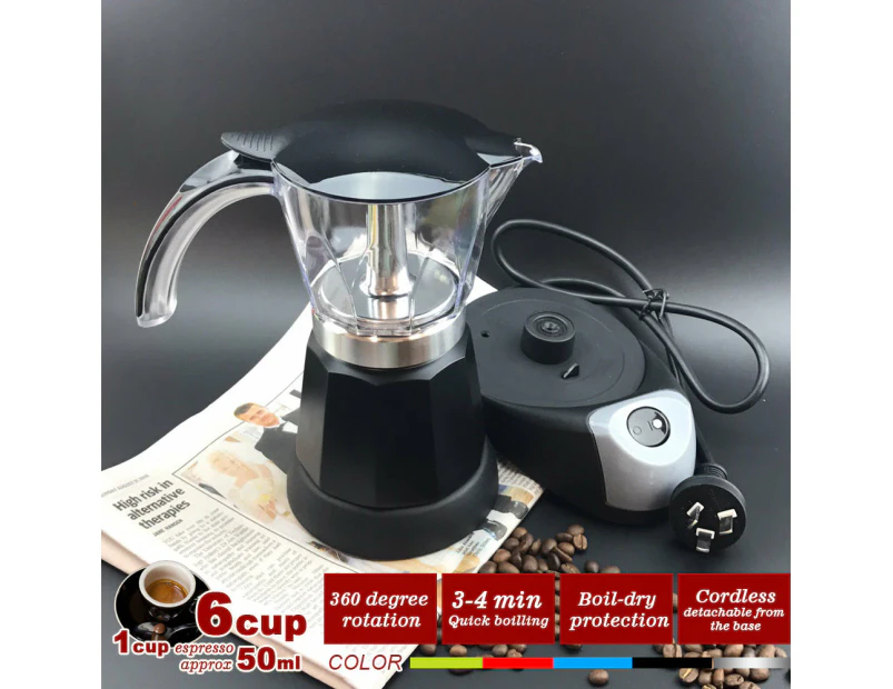 Electric Coffee Maker Espresso Machine Italian Classic 6 Cups Auto Power - Black