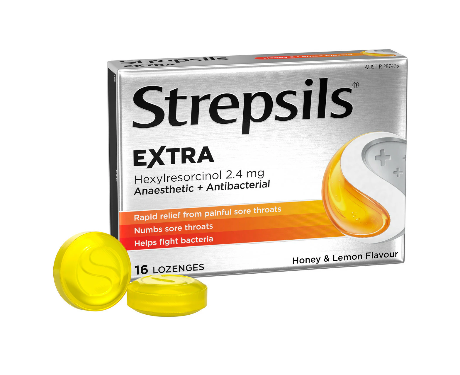 Strepsils Extra Honey and Lemon Fast Numbing Sore Throat Pain Relief with Anaesthetic Lozenges 16pk