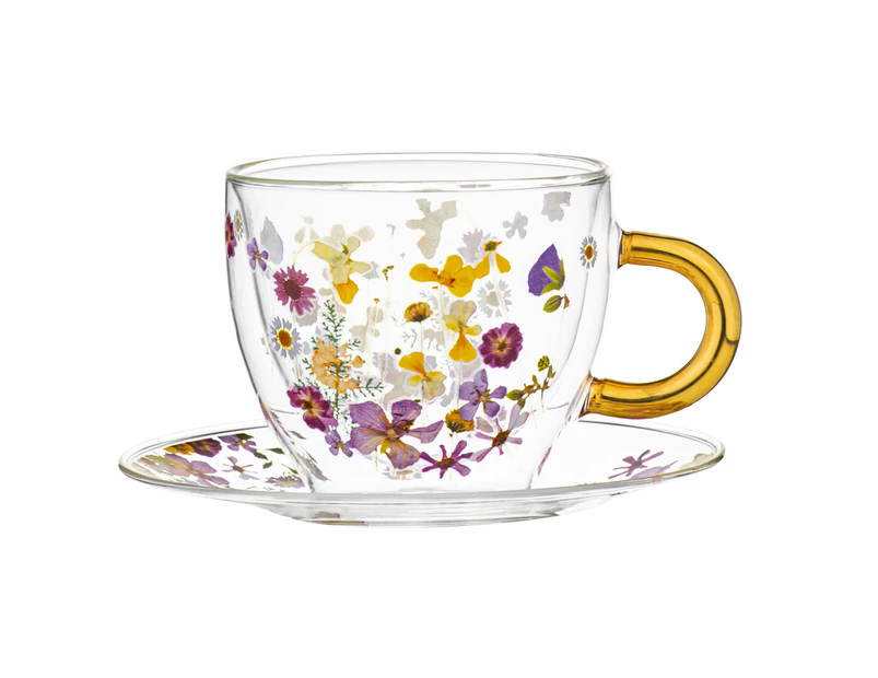 2pc Ashdene Pressed Flowers 350ml Double Walled Glass Tea Cup Mug & Saucer Set