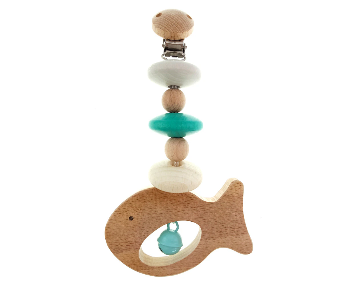 Hess Spielzeug Wooden 15cm Hanger Fish Toy For Pram Baby 0m+ Natural Turquoise