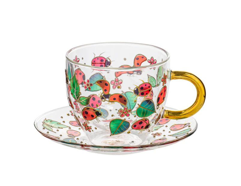Ashdene Natures Keepers Double Walled 350ml Glass Tea Cup Mug & Saucer Ladybug