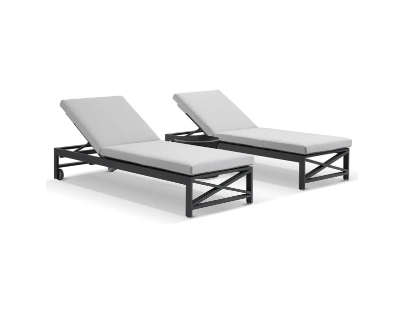 Kansas Outdoor Aluminium Sun Lounge Set on Wheels with Hugo Side Table - Outdoor Sun Lounges - Charcoal