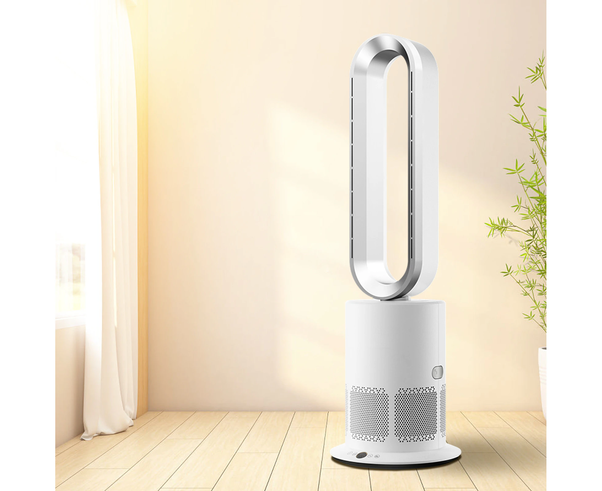 Fan heater Cooler with Filter 3-IN-1 Bladeless Heating Cooling Electric Floor Fan Timer Touch control -Silver White