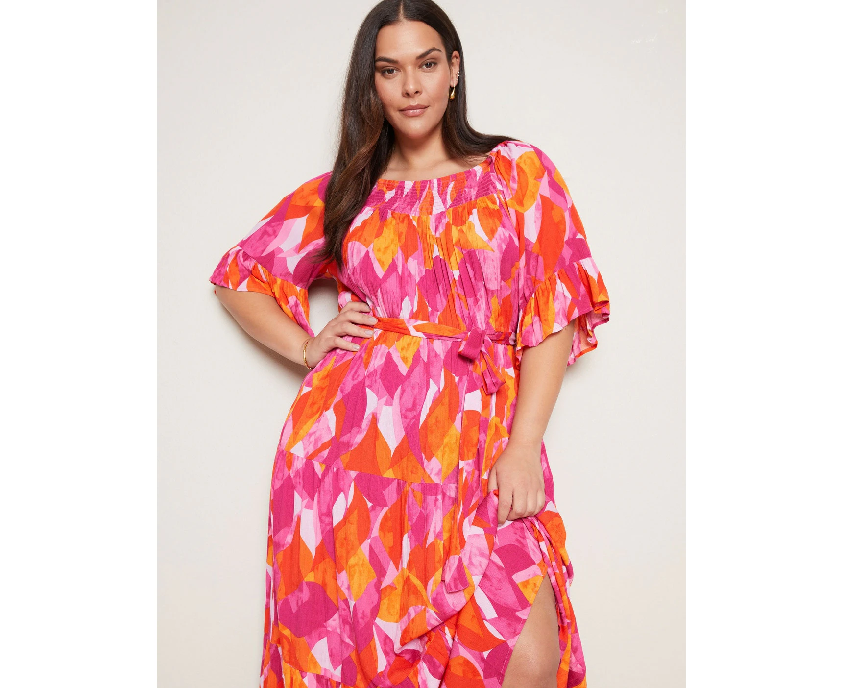 AUTOGRAPH - Plus Size - Womens -  Elbow Sleeve Shirred Neck Maxi Dress - Tbc Prin