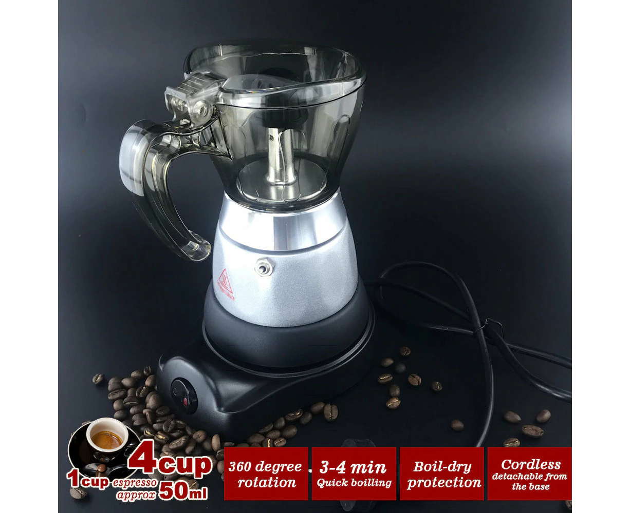 High Pressure Electric Moka Coffee Maker Cafeteria Espresso Moka 4Cups PC & Aluminum