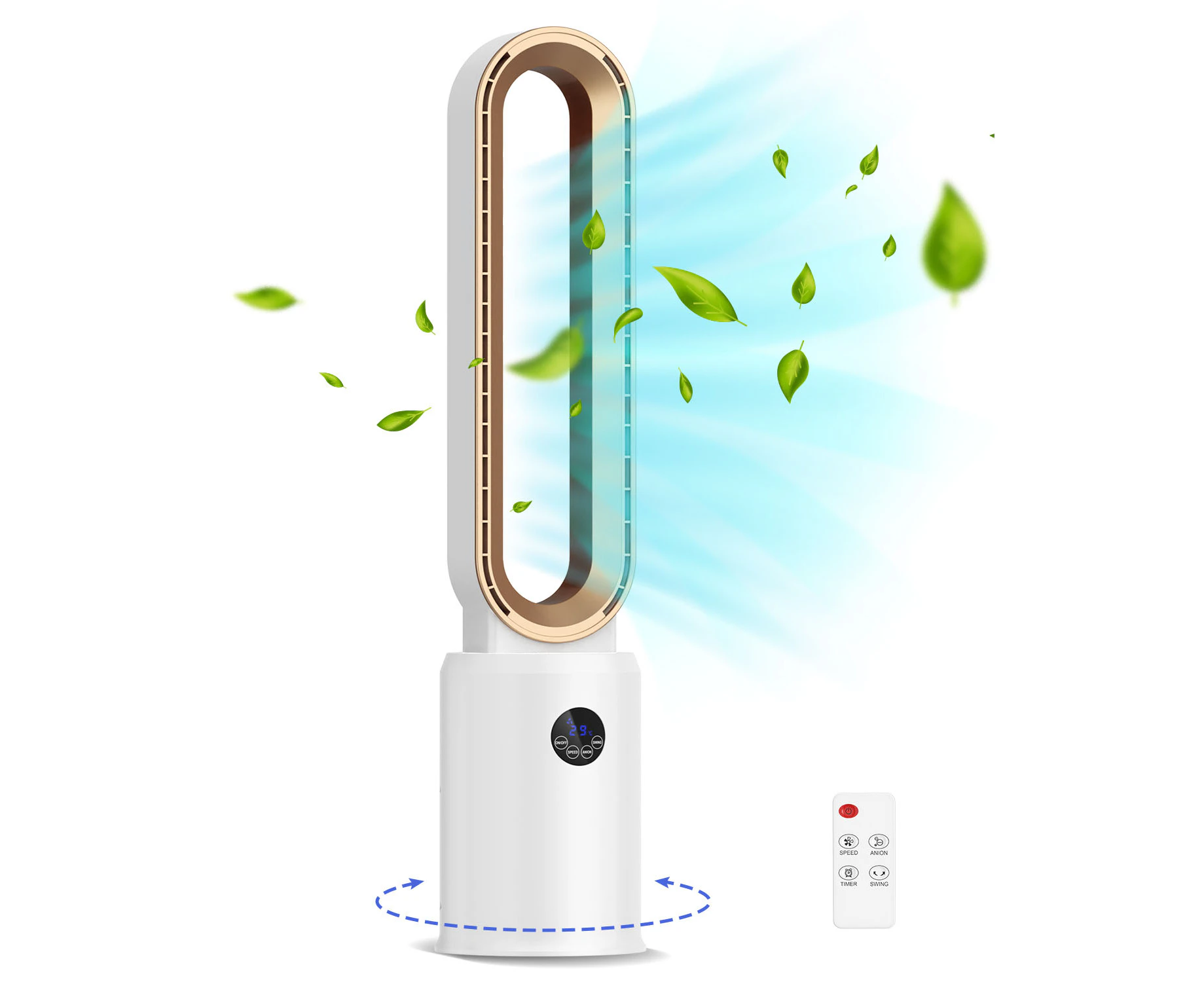 YOPOWER 2 in 1 Bladeless Tower Fan Airflow Purifying Fan 24 Speeds Settings 12-Hour Timing Remote Control Gold