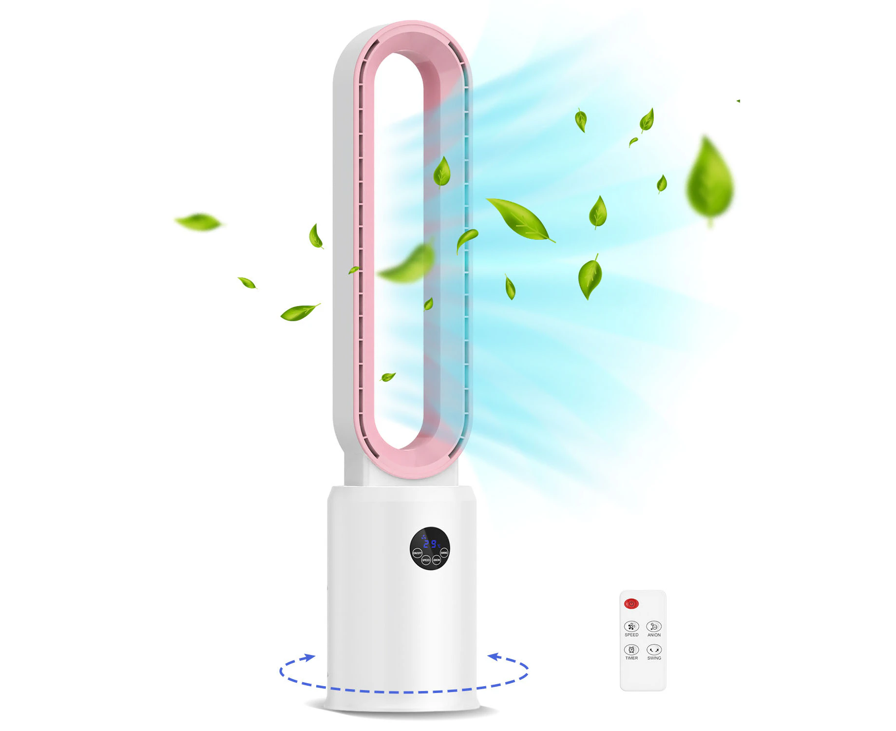 YOPOWER 2 in 1 Bladeless Tower Fan Airflow Purifying Fan 24 Speeds Settings 12-Hour Timing Remote Control Pink