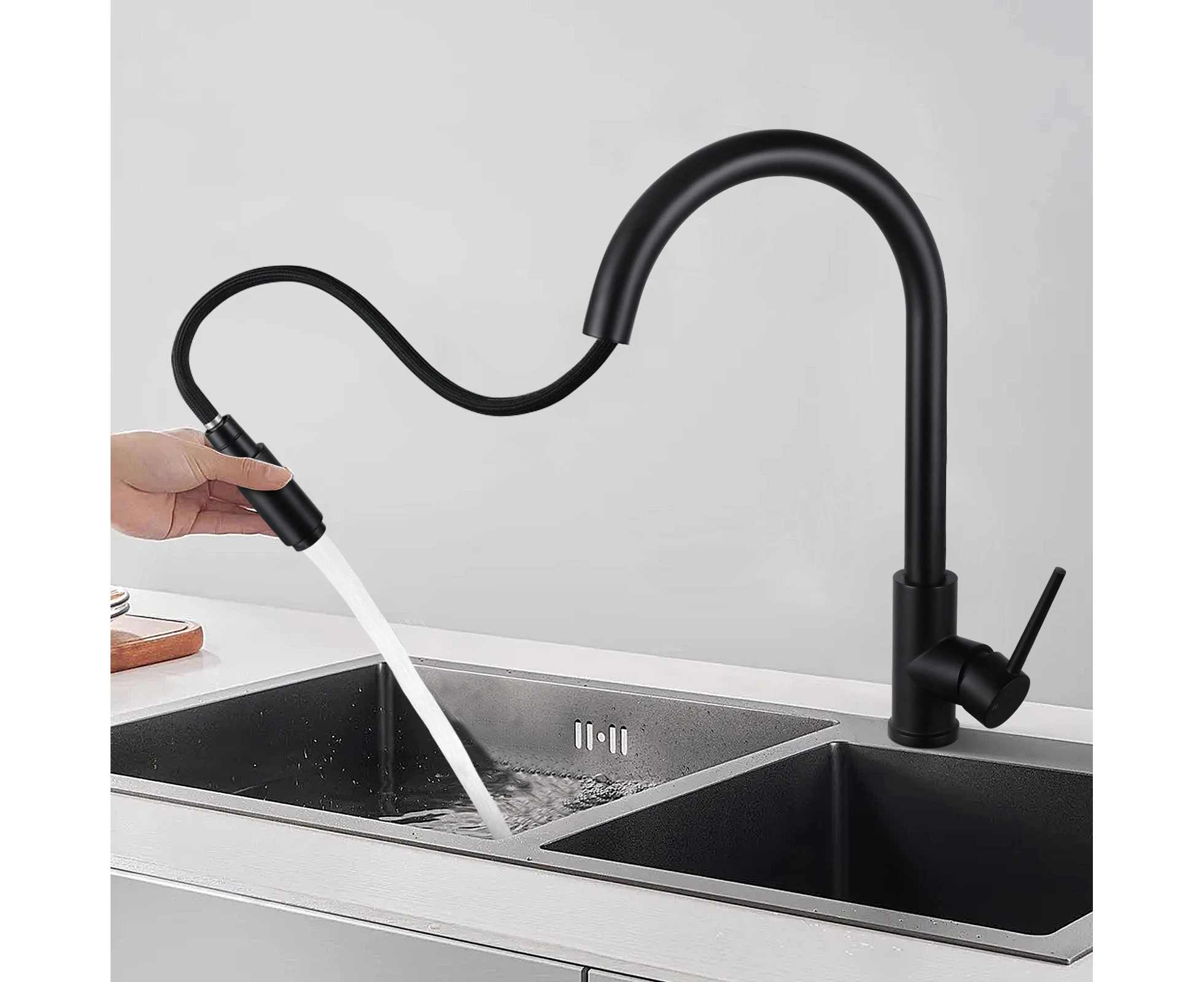 Pull Out tap Kitchen Sink Mixer Tap Swivel Gooseneck Spout Round Laundry Kitchen Faucets Black