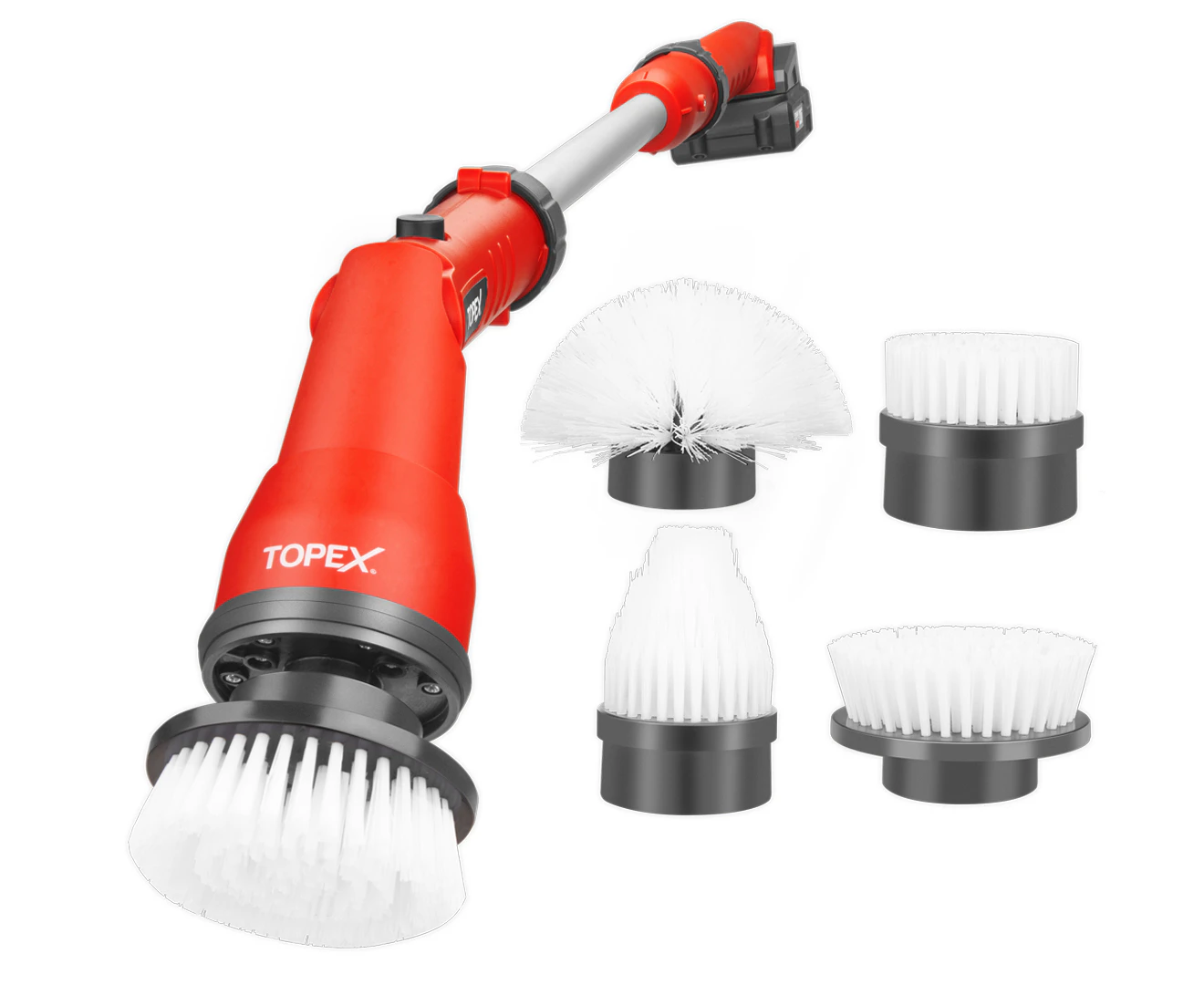 TOPEX 20V Cordless Power Scrubber With Extension Long Handle & 4 Replaceable Brush Heads,2 Speeds Power Scrubber Brush