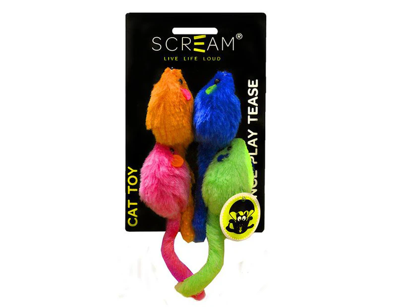 Scream Multi-Coloured Mice Interactive Play Cat Toy 4 Pack