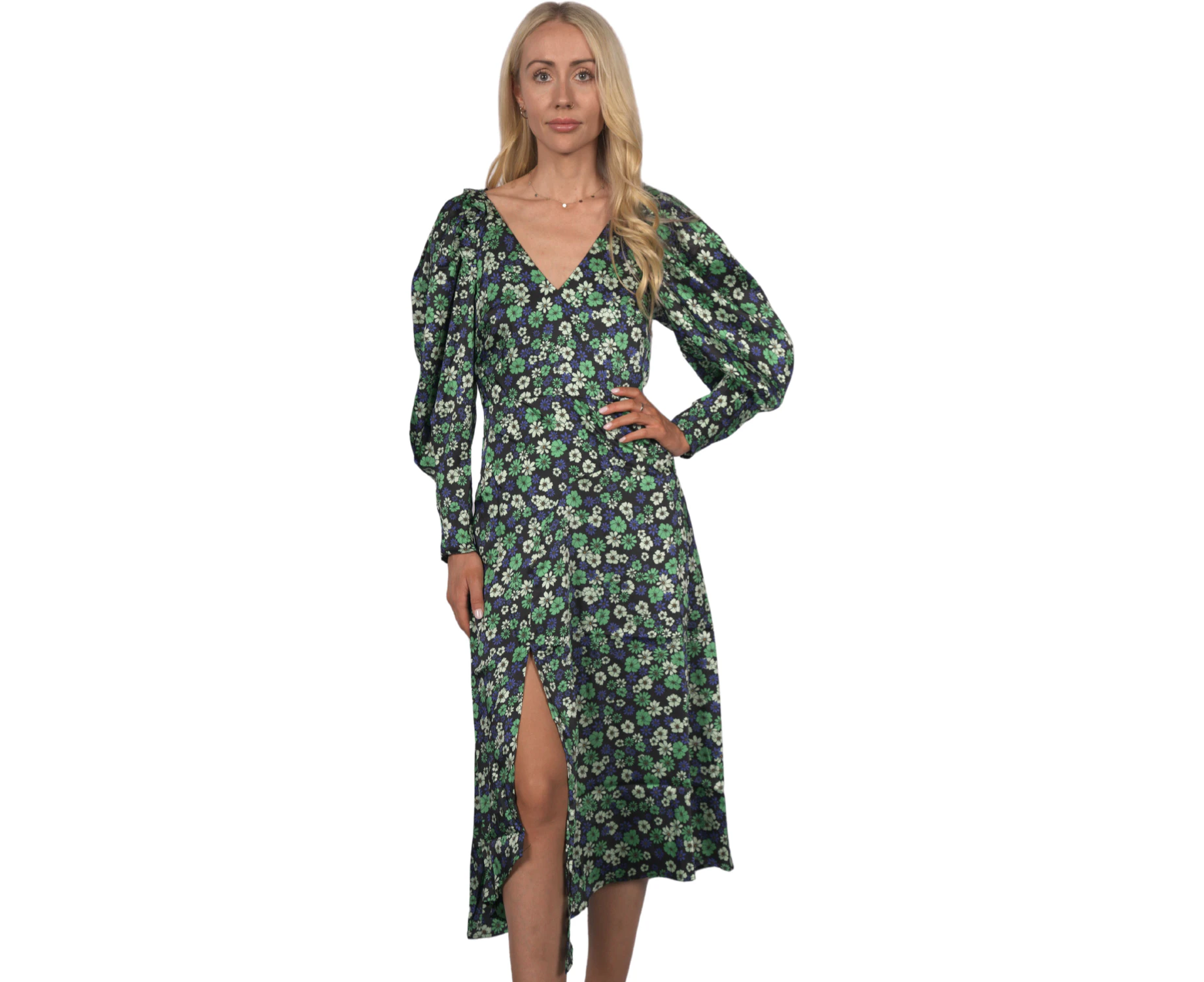 Topshop Women's Longsleeve Satin Floral Print Midi Dress - Green