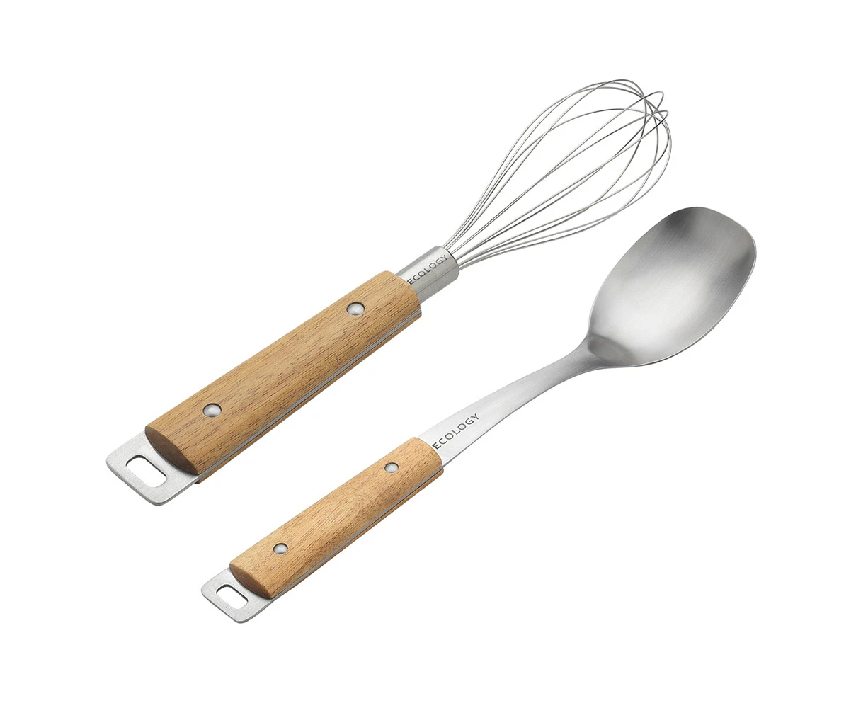 2pc Ecology Provisions Acacia/Stainless Steel Whisk & Serving Spoon Mixing Set