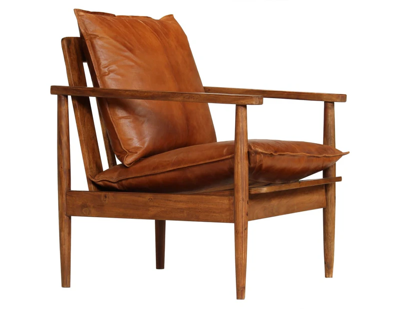 vidaXL Armchair Brown Real Leather with Acacia Wood