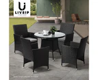 Livsip Outdoor Dining Table 90CM Round Rattan Glass Table Patio Furniture Black