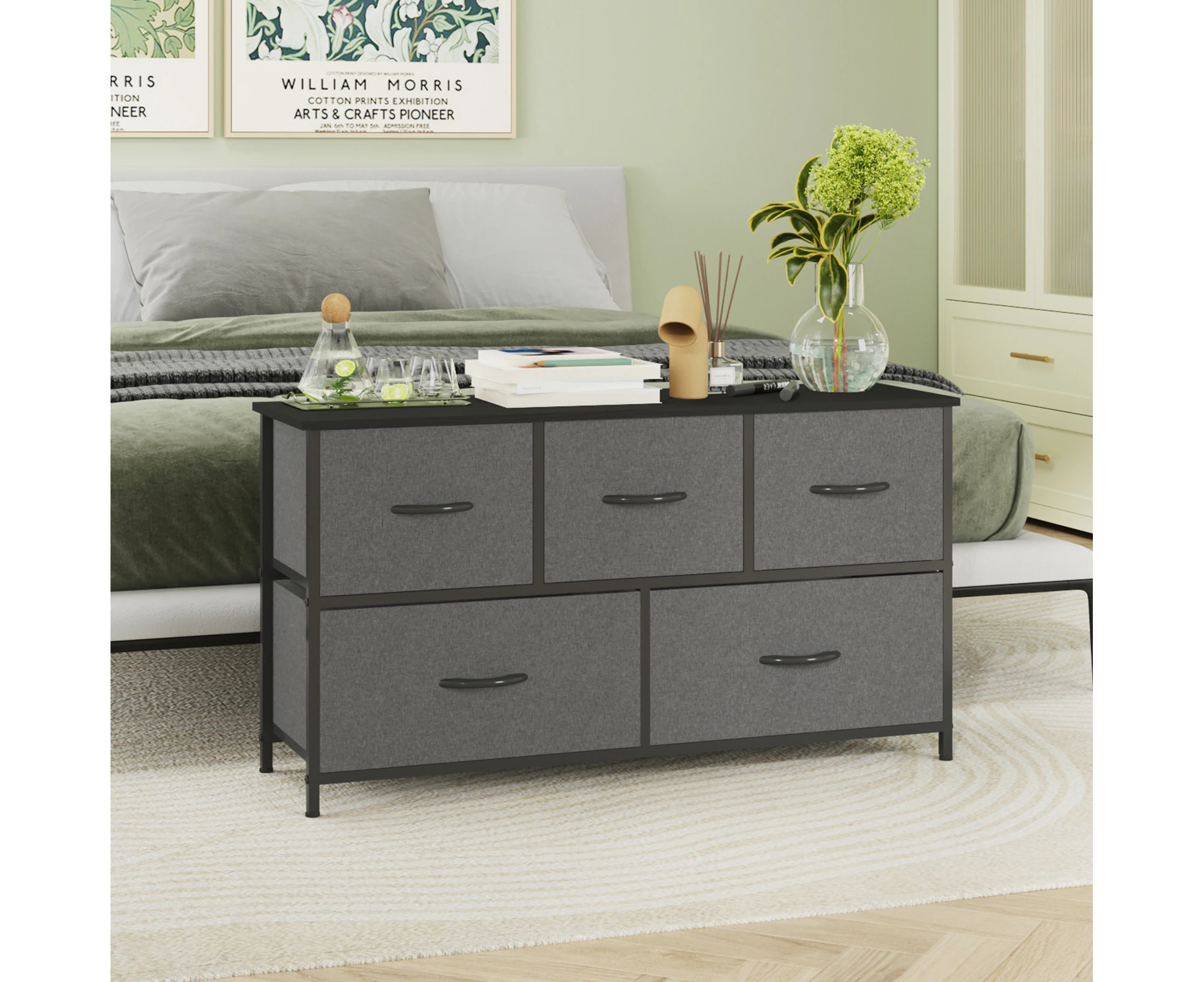 Ufurniture Chest of 5 Drawers Lowboy Clothes Storage Cabinet Fabric Tower Dresser Organizer Gray