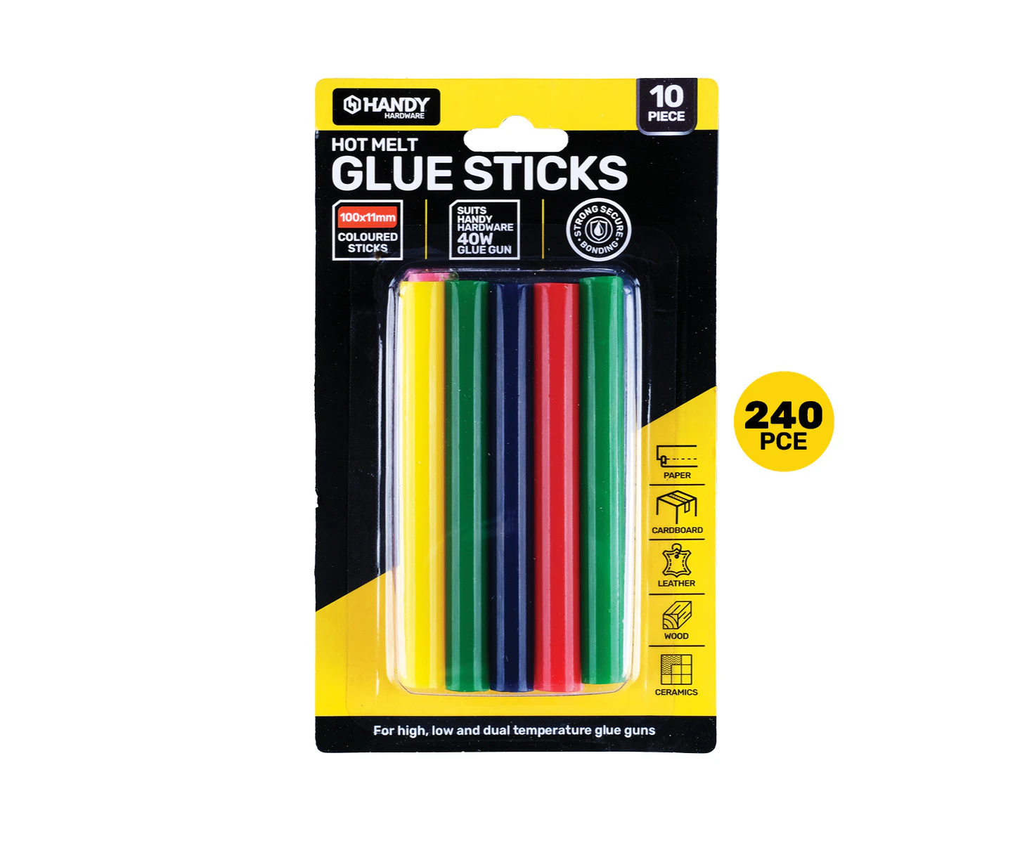 Handy Hardware 240PCE Coloured Hot Melt Glue Stick Vibrant Colours 100 x 11mm