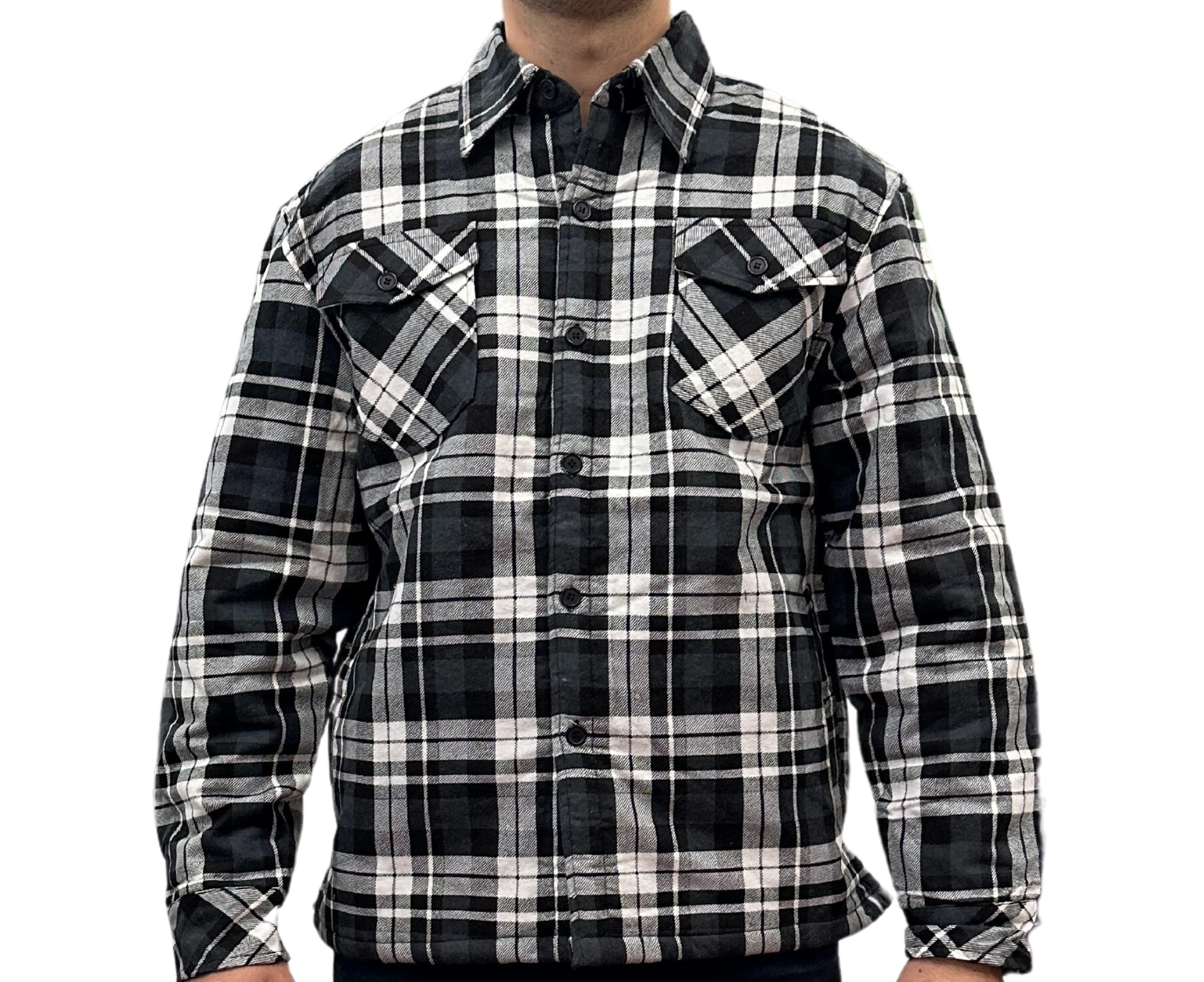 Mens QUILTED FLANNELETTE SHIRT 100% COTTON Flannel Jacket Padded Long Sleeve - Black/Charcoal/White (Quilted)