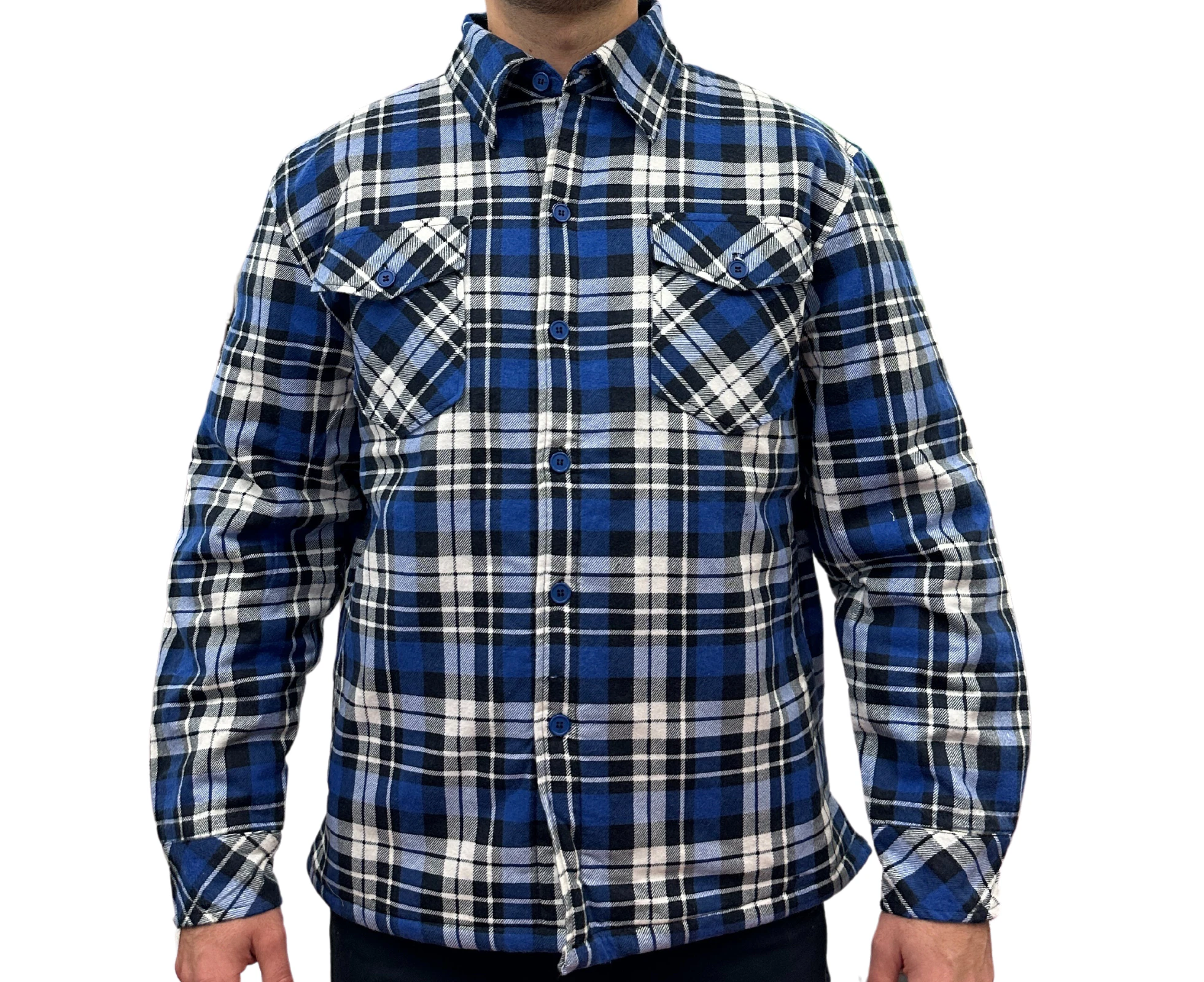 Mens QUILTED FLANNELETTE SHIRT 100% COTTON Flannel Jacket Padded Long Sleeve - Black/Navy/White (Quilted)