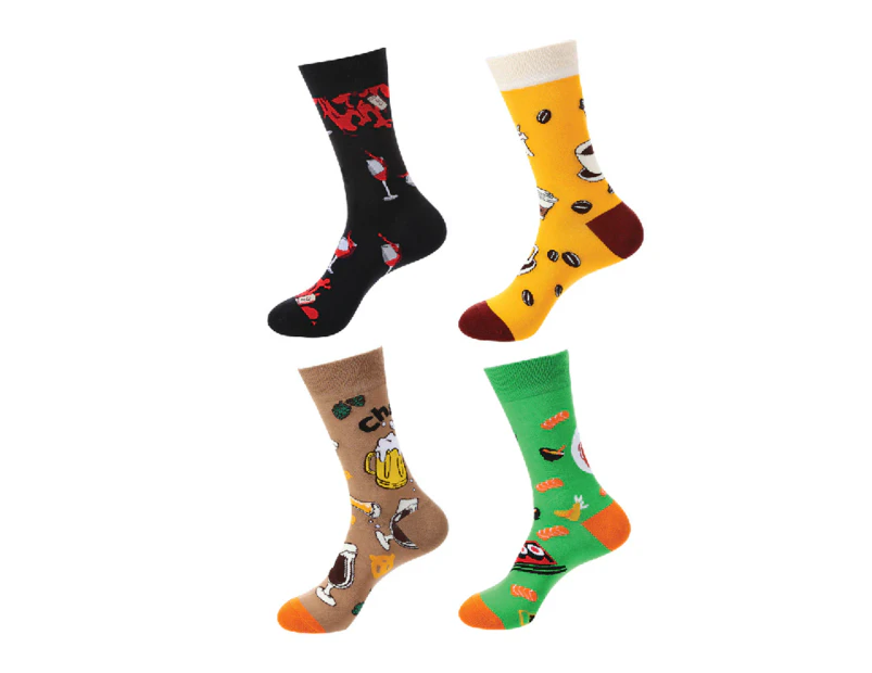 Kings Collection Unisex 4 Pairs of Food and Drink Pattern Cozy Socks, Fun Dress Socks Colorful Funny Novelty Casual Crew Socks - Green, Black, Yellow
