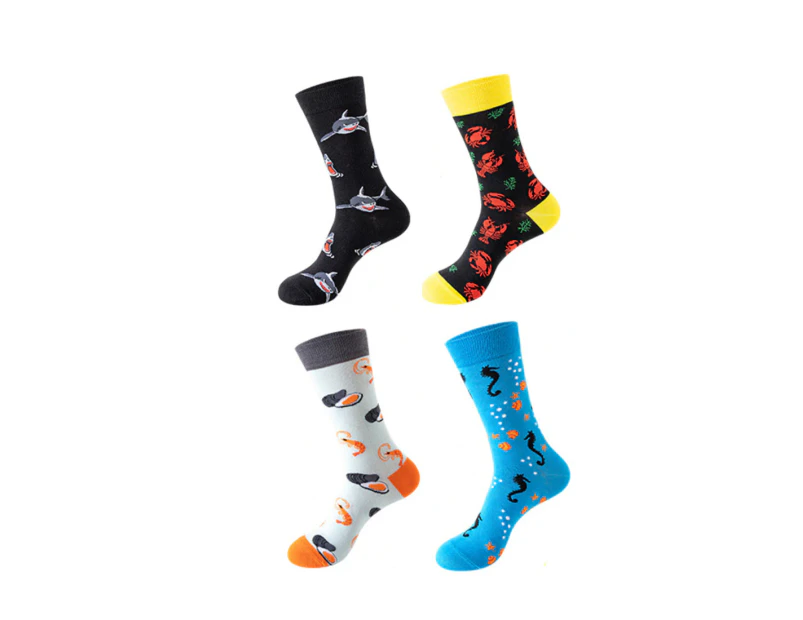 Kings Collection Unisex 4 Pairs of Sea Creatures Pattern Cozy Socks, Fun Dress Socks Colorful Funny Novelty Casual Crew Socks - Blue, Black, Yellow