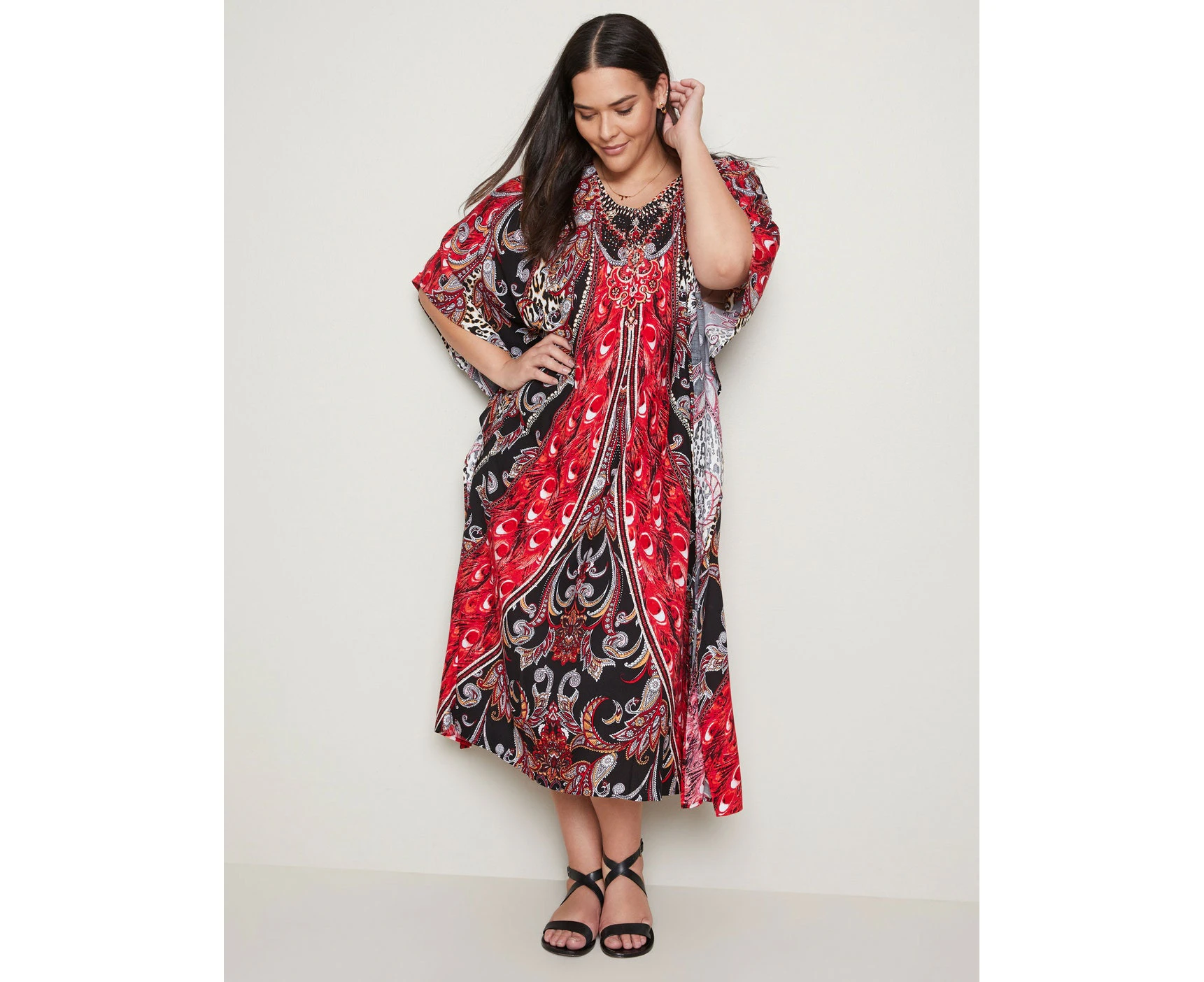 Autograph - Womens Plus Size - Dress - Summer - Pencil / Straight - Red - Elbow Sleeve - Scoop Neck - Peacock Paisley - Office Wear - Work Clothes