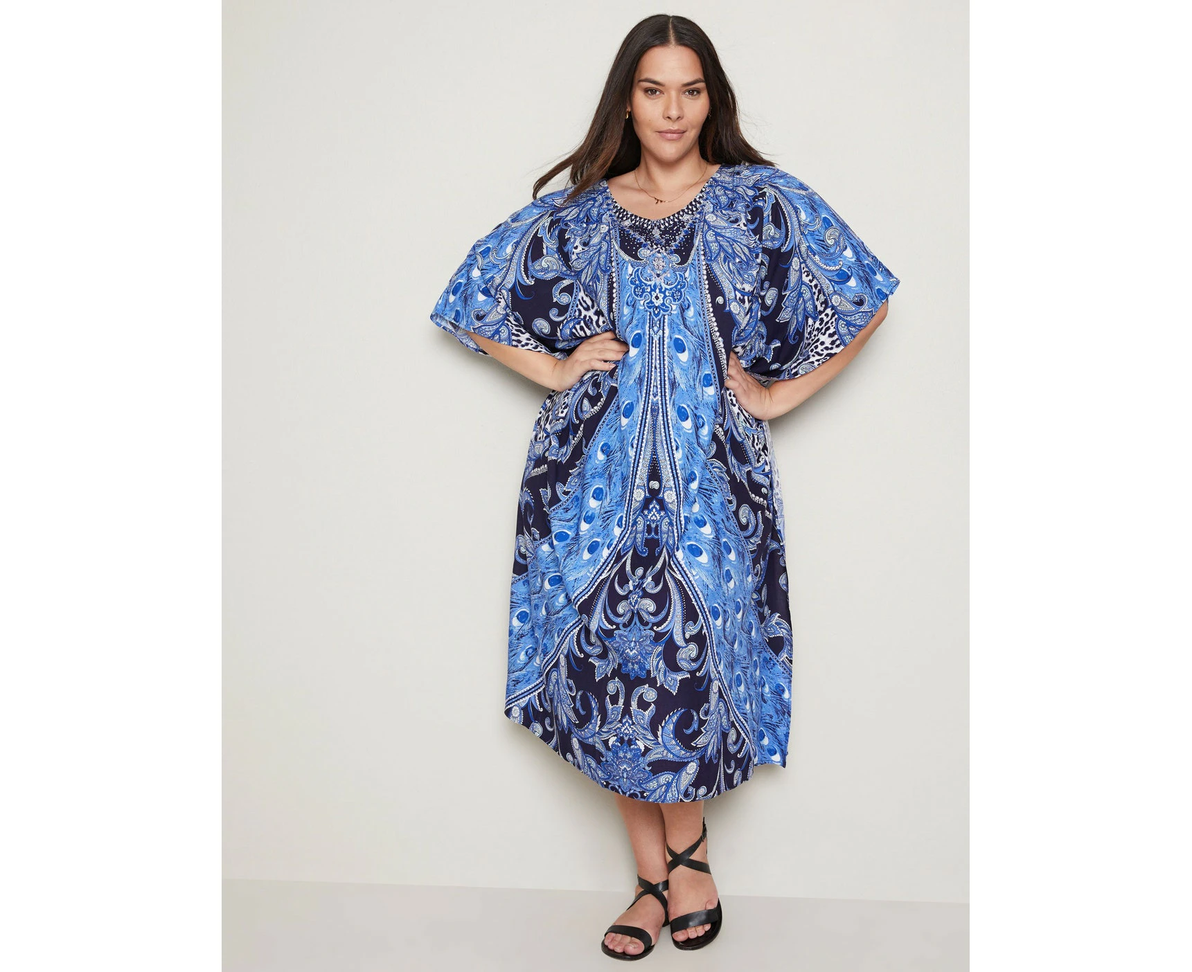 Autograph - Womens Plus Size - Dress - Summer - Pencil / Straight - Blue - Elbow Sleeve - Scoop Neck - Peacock Paisley - Office Wear - Work Clothes