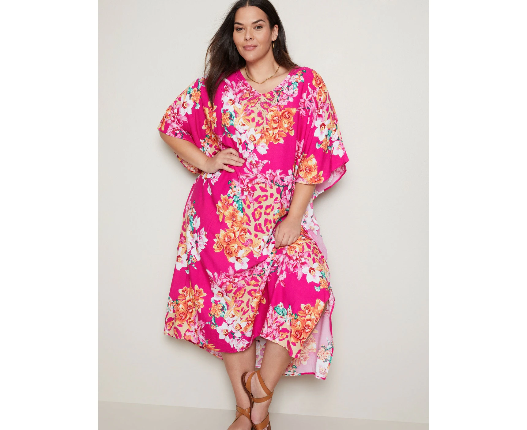 Autograph - Womens Plus Size - Dress - Summer - Pencil / Straight - Pink - Elbow Sleeve - V Neck - Floral Leopard - Office Wear - Casual Work Clothes