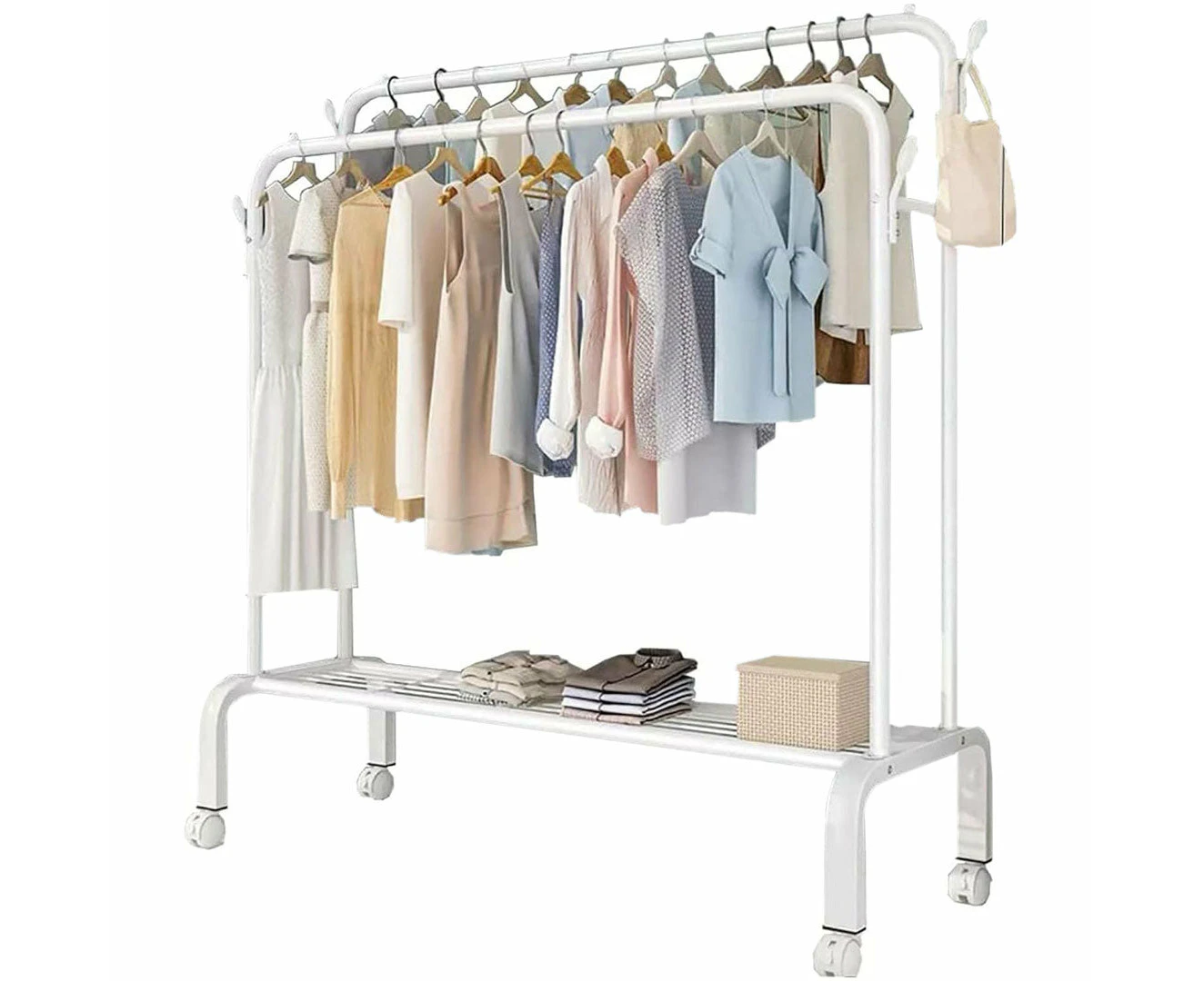 Heavy Duty Portable Double Rail Clothes Garment Hanging Rack Shoe Storage Shelf Organizer Hanger Dryer - white