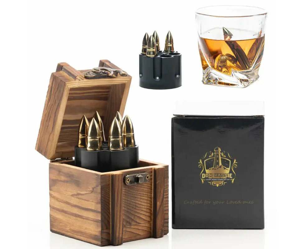 Don Vassie XL Whisky Bullet Chillers 6 pcs Golden with a Revolver Base and a Wooden Box