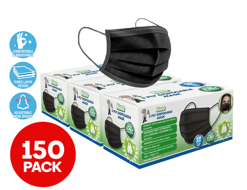 3 x 50-Pack Nano 3 Ply Disposable Protective Face Masks - Black