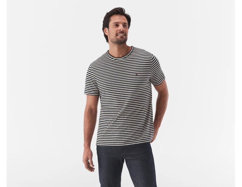 Tommy Hilfiger Men's Striped Linen Tee / T-Shirt / Tshirt - Desert Sky