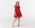 Gem Look Girls' Glitter Star Mesh Dress - Dark Red