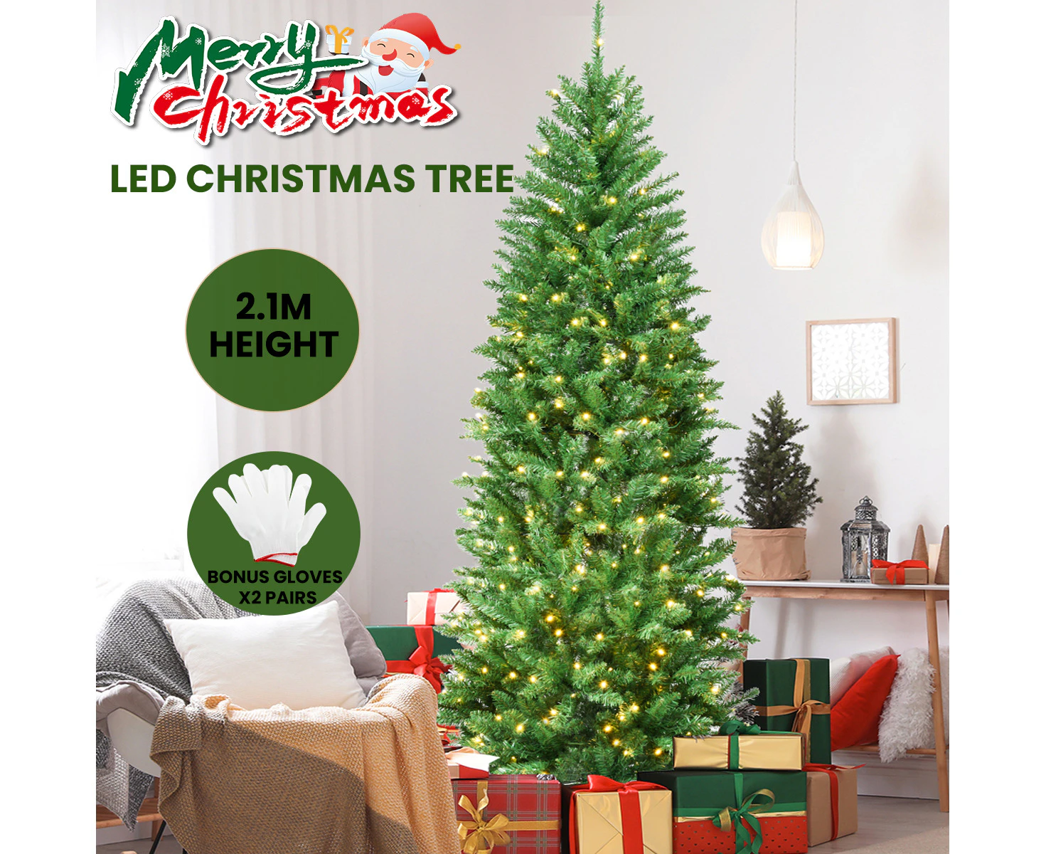 Costway 2.1M Pre Lit Slim Christmas Tree LED Xmas Tree PVC Hinged Home Outdoor Xmas Decoration