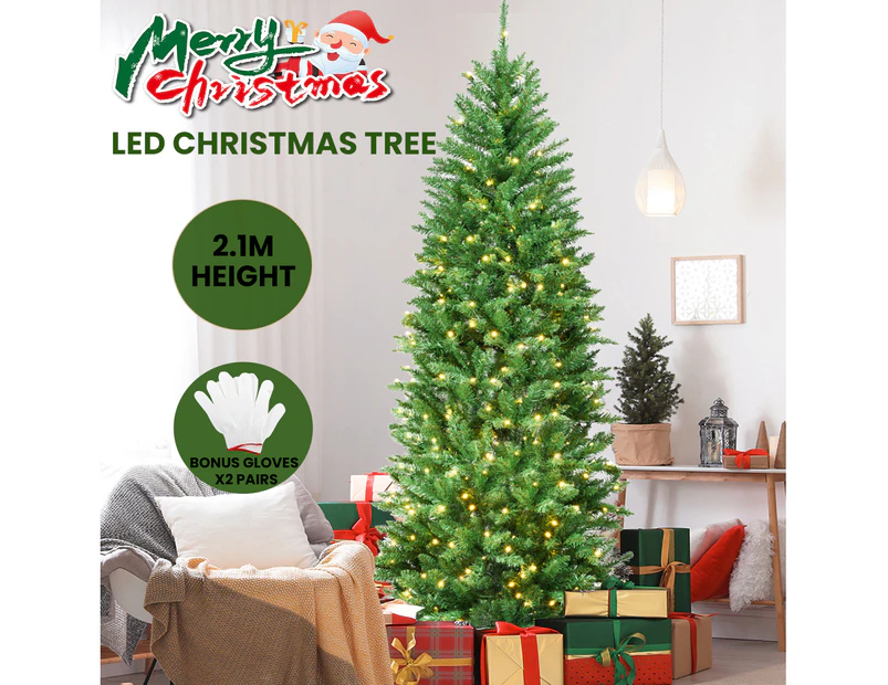 Costway 2.1M Pre Lit Slim Christmas Tree LED Xmas Tree PVC Hinged Home Outdoor Xmas Decoration