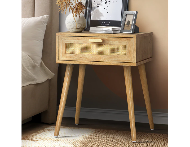 Oikiture Bedside Table Drawers Bedroom Wood Cabinet Nightstand Rattan Furniture