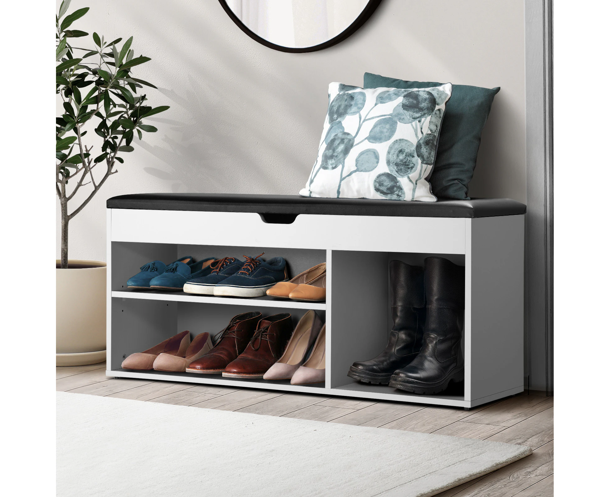 Oikiture Shoe Cabinet Bench Shoe Storage Rack PU Padded Seat Organiser Shelf - White