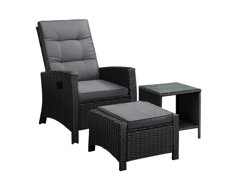 Livsip Outdoor Setting Recliner Chair Table Set Wicker Lounge Patio Furniture 3Pcs/Set