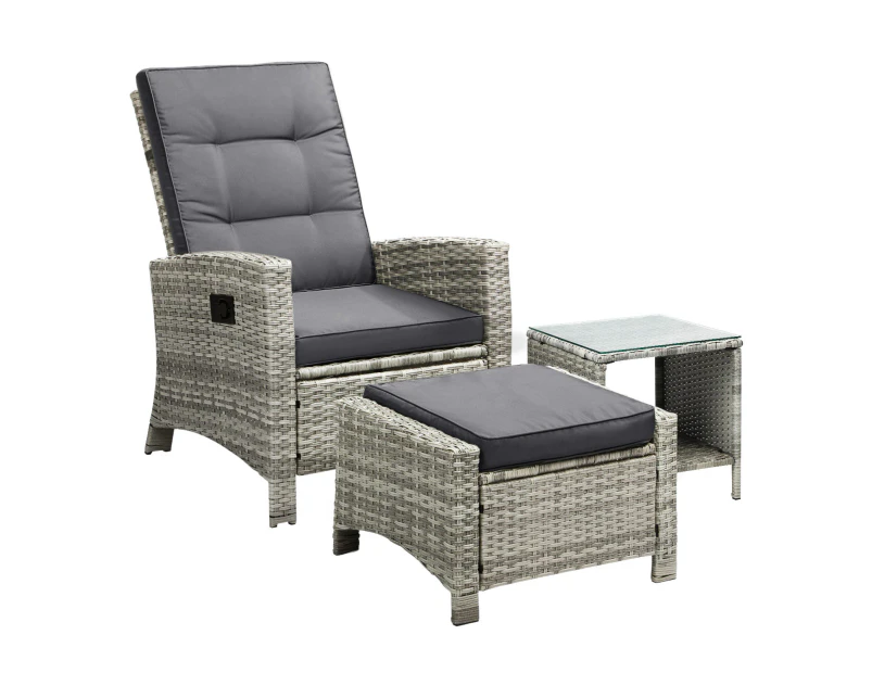 Livsip Outdoor Setting Recliner Chair Table 3 Piece Set Wicker lounge Patio Furniture Grey